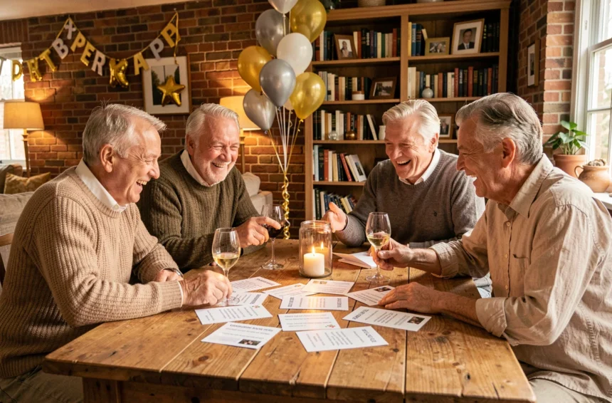 Groupe d'adultes de 60 ans jouant à un quiz personnalisé lors d'un anniversaire festif autour d'une table en bois