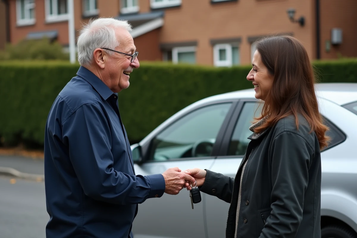 Grand-père remettant les clés de sa voiture à sa fille lors d'une donation familiale