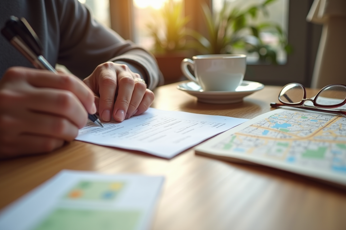 Mains remplissant un formulaire pour carte senior RATP avec café et carte de Paris