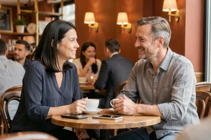 Deux adultes discutant autour d'un café dans une brasserie moderne de Lyon lors d'une rencontre Quintonic