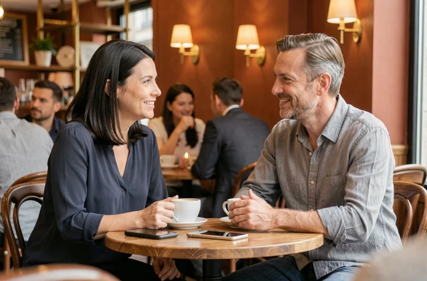 Deux adultes discutant autour d'un café dans une brasserie moderne de Lyon lors d'une rencontre Quintonic