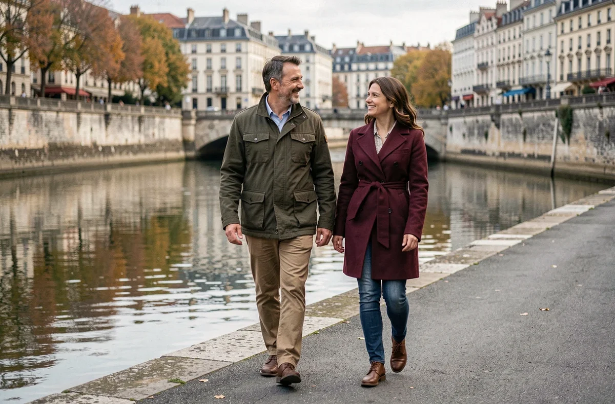 Un couple en promenade sur les quais de la Saône à Lyon après une rencontre organisée via Quintonic