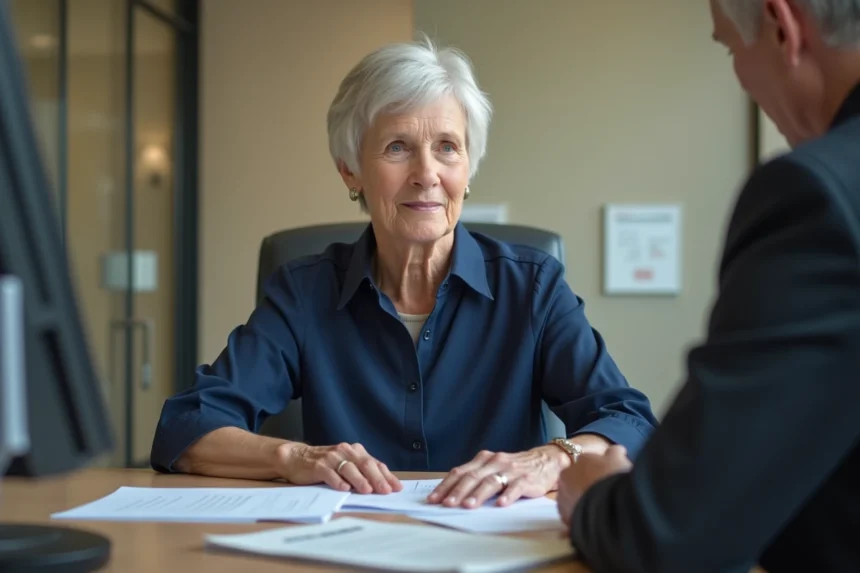 Une femme de 70 ans renouvelle son permis de conduire dans un bureau administratif