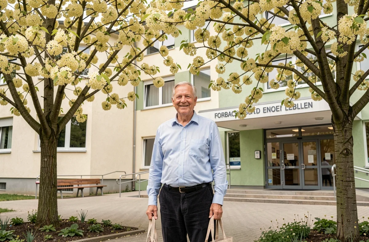 Résident senior devant l'entrée de la Résidence Autonomie Les Tilleuls à Forbach, encadrée de grands tilleuls en fleurs