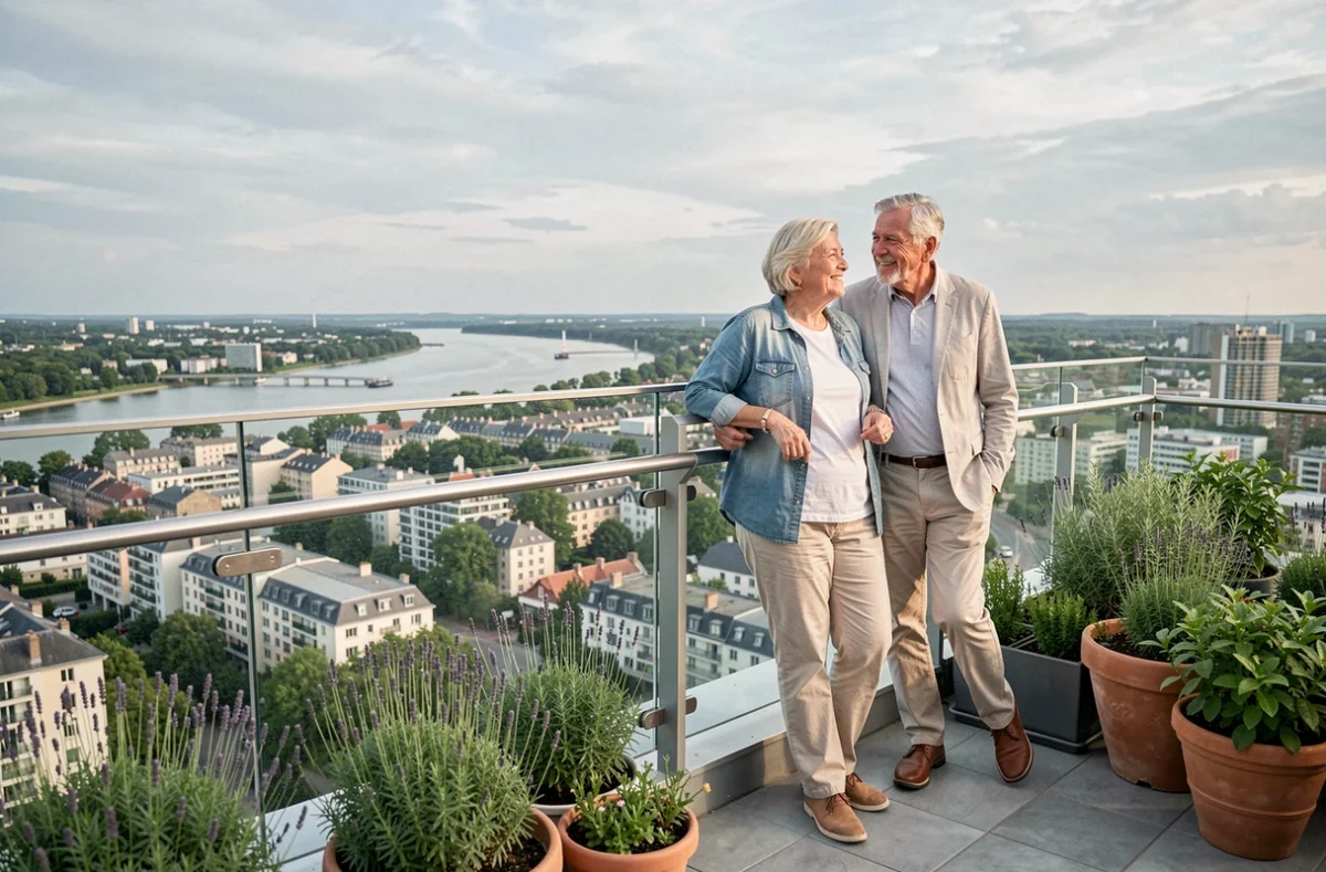 Couple de seniors profitant de la terrasse panoramique de la résidence Edenéa à Rezé avec vue sur la Loire