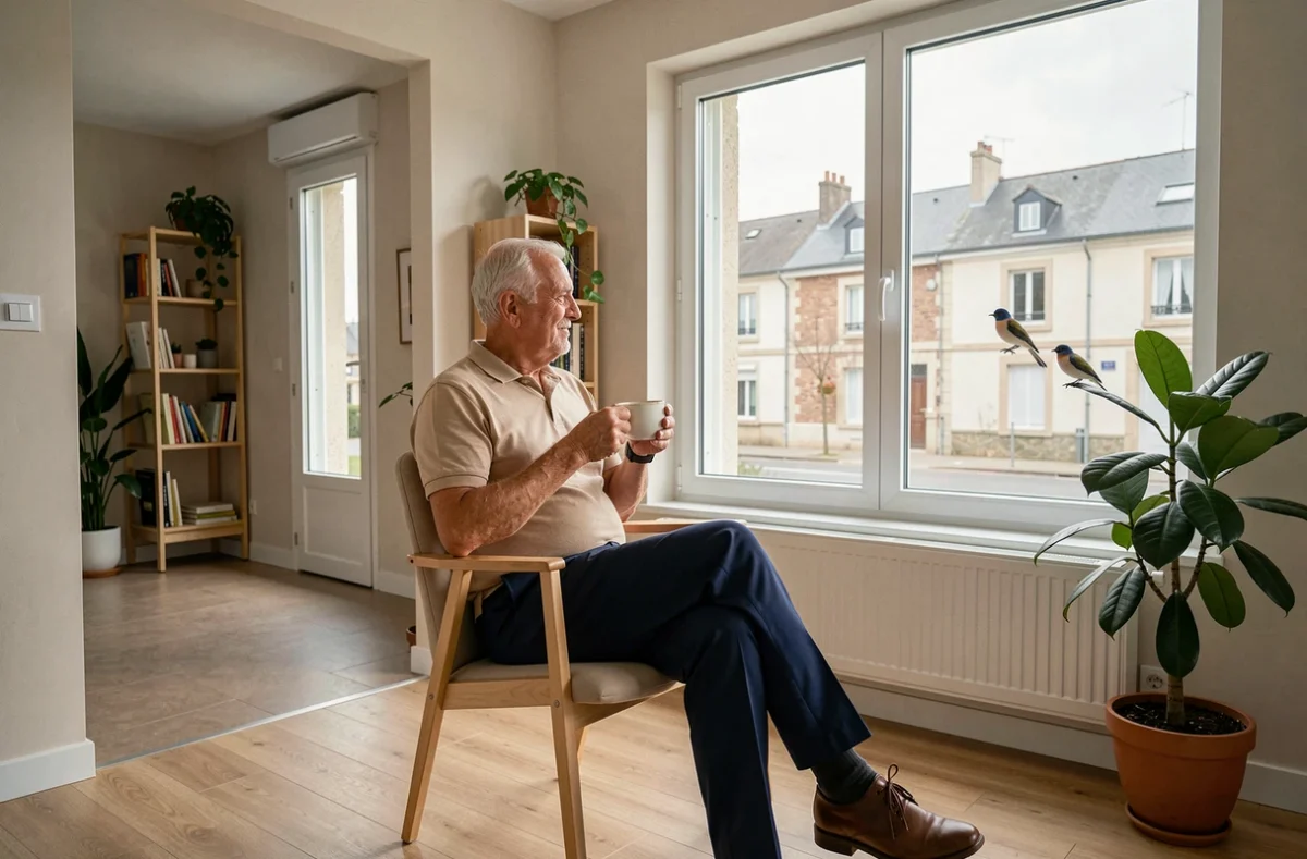 Homme senior confortablement installé dans son appartement à la résidence Espace et Vie de Châteaubriant