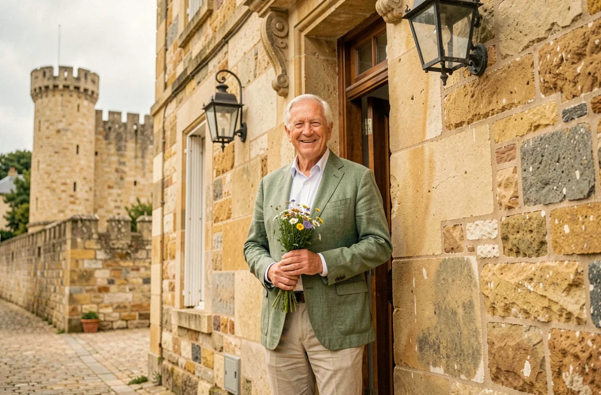 Homme senior à l'entrée de la résidence Les Écrivains à Guérande, avec les remparts médiévaux en arrière-plan