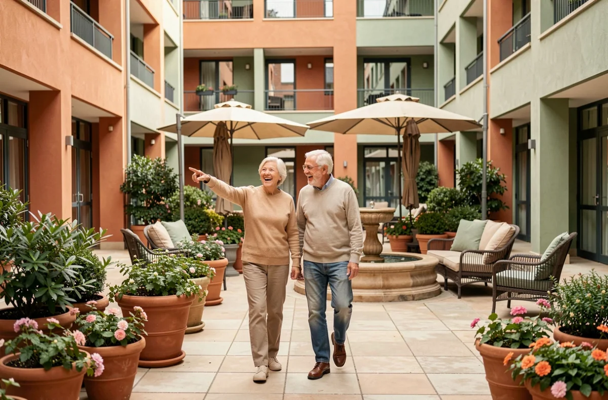 Couple de seniors se promenant dans la cour intérieure paysagée de la résidence Patio Serena Les Templitudes à Nantes