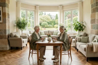 Deux résidentes seniors partageant un moment convivial dans une résidence moderne en Meurthe-et-Moselle