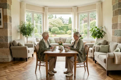 Deux résidentes seniors partageant un moment convivial dans une résidence moderne en Meurthe-et-Moselle