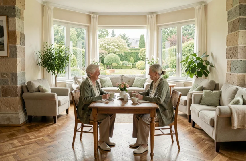 Deux résidentes seniors partageant un moment convivial dans une résidence moderne en Meurthe-et-Moselle