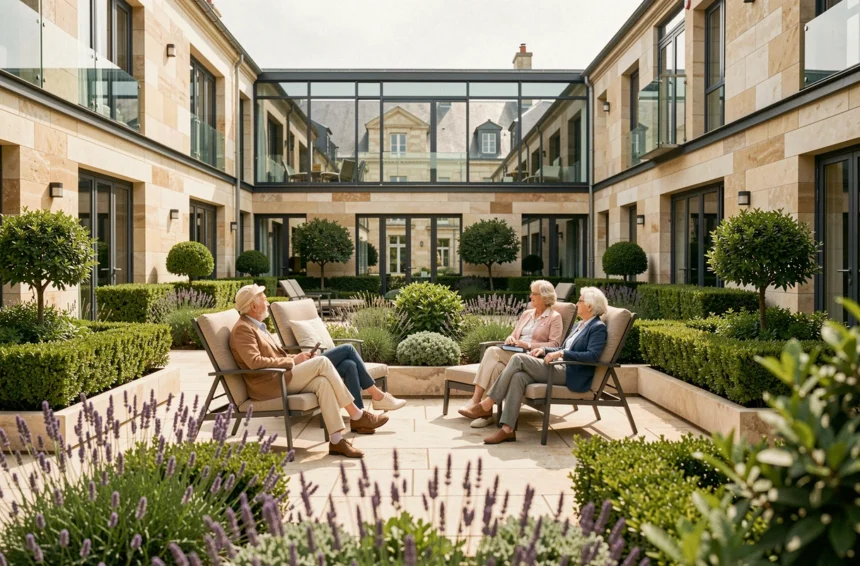 Vue d'ensemble d'une résidence seniors moderne en Pays de la Loire avec jardin paysager et terrasse conviviale