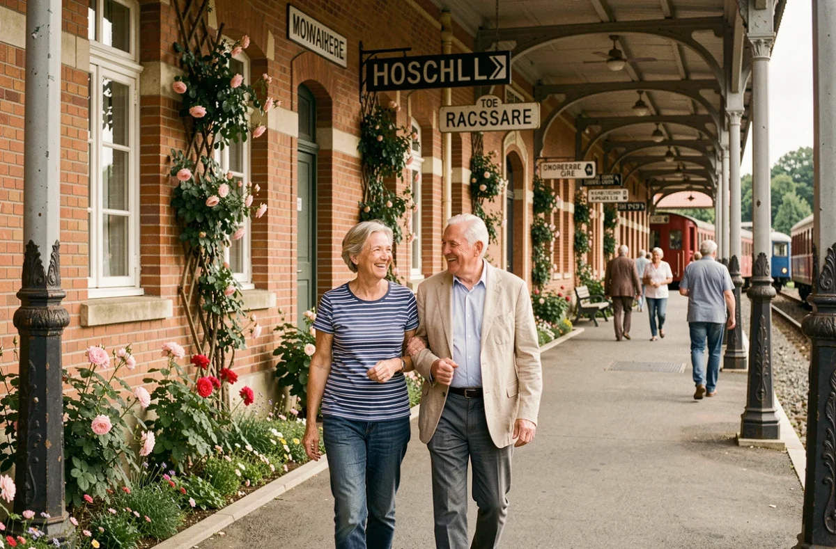 Couple de seniors se promenant sur l'ancien quai ferroviaire aménagé de la Résidence Service Senior La Petite Gare en Moselle