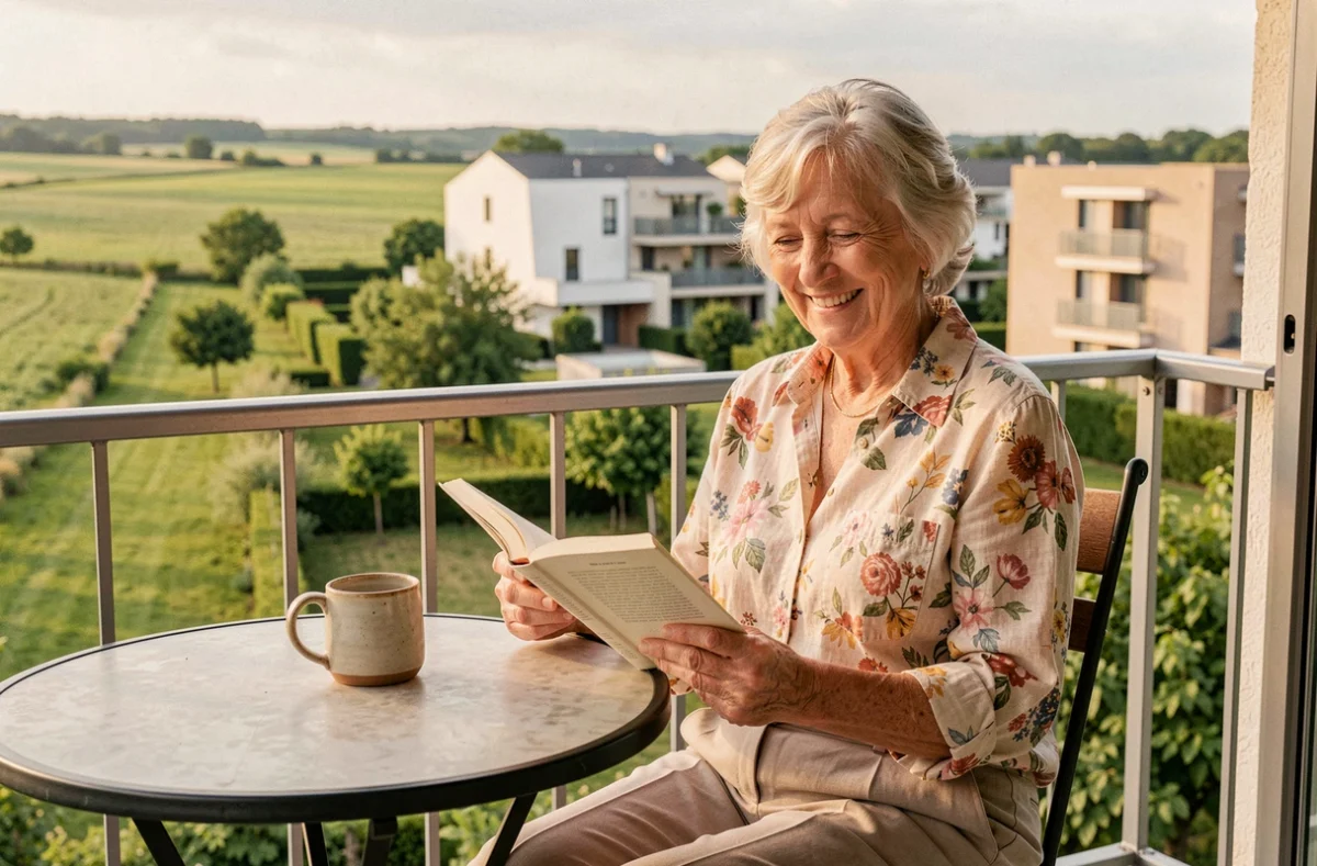 Femme senior lisant sur le balcon de son appartement à la résidence Vivea de Carquefou