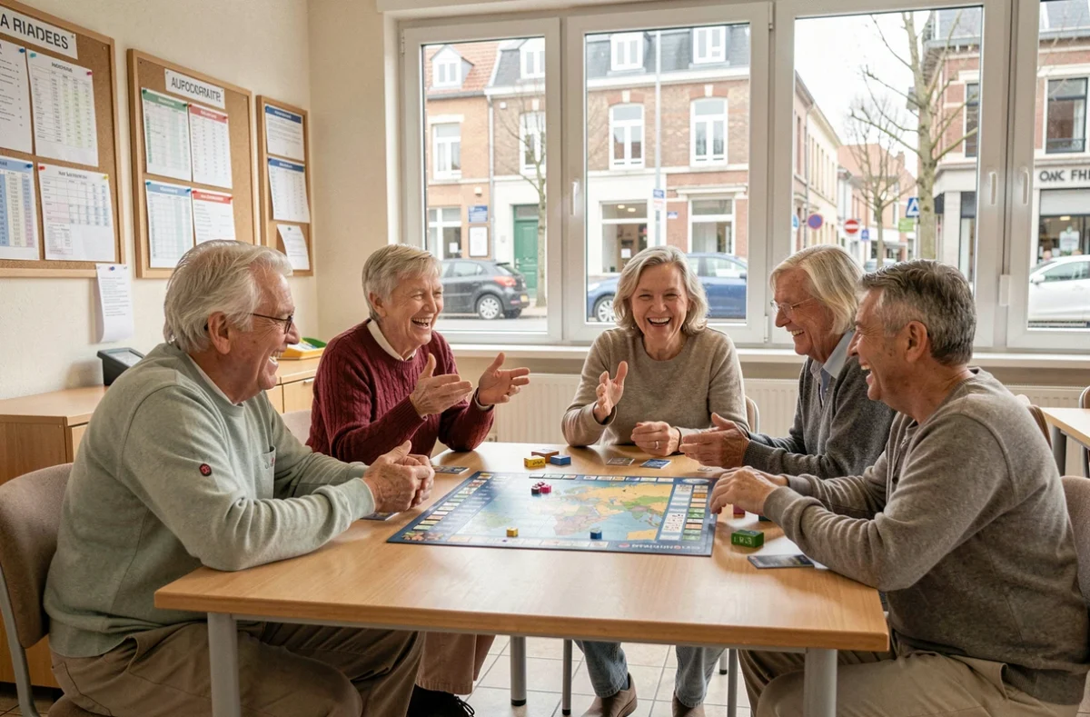 Seniors jouant ensemble dans la salle commune d'une résidence autonomie municipale de la Ville de Nantes