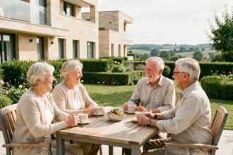 Groupe de seniors heureux partageant un café en terrasse dans une résidence senior moderne en Loire-Atlantique
