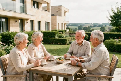 Groupe de seniors heureux partageant un café en terrasse dans une résidence senior moderne en Loire-Atlantique