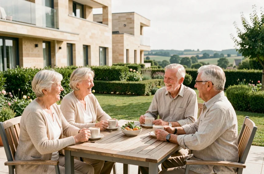 Groupe de seniors heureux partageant un café en terrasse dans une résidence senior moderne en Loire-Atlantique