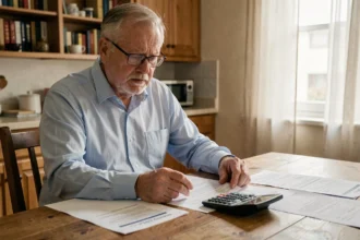 Retraité examinant ses documents de pension complémentaire à la table de cuisine avec calculatrice et relevés imprimés
