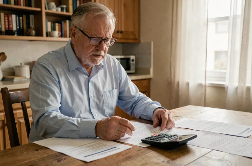 Retraité examinant ses documents de pension complémentaire à la table de cuisine avec calculatrice et relevés imprimés