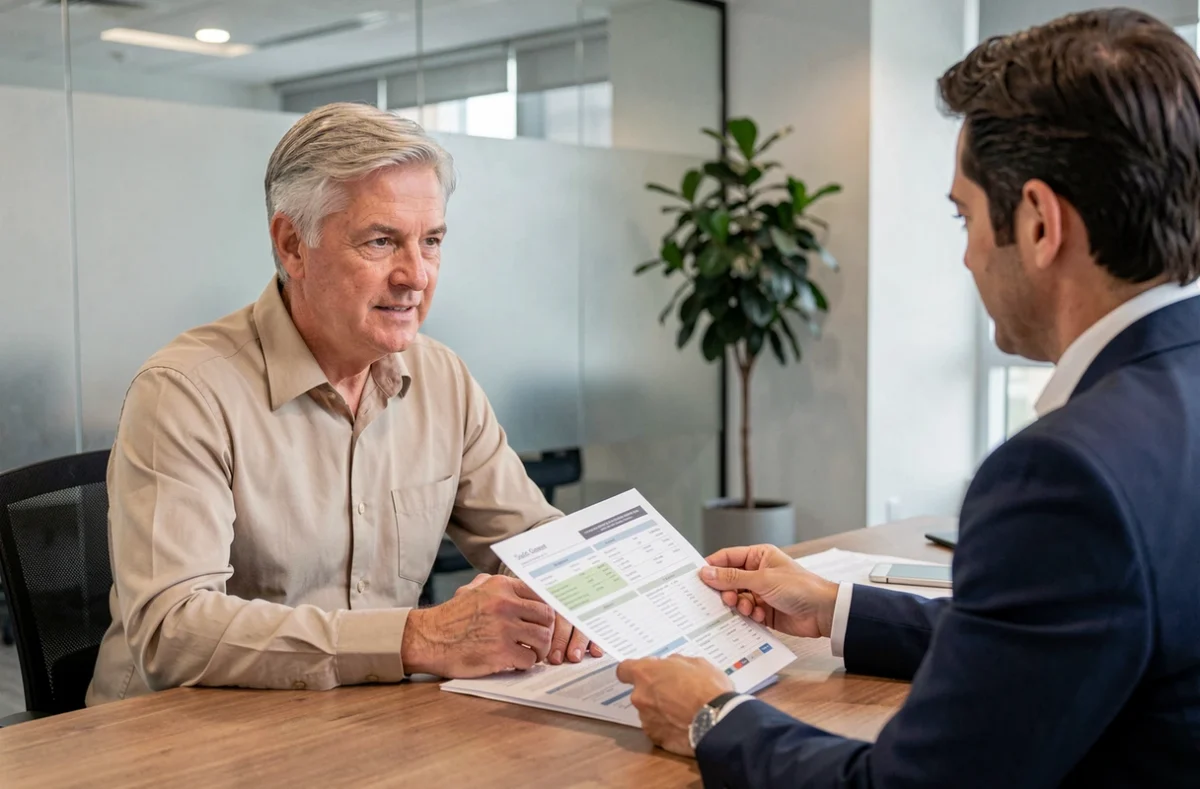 Homme retraité consultant un conseiller financier pour financer un achat en résidence services seniors