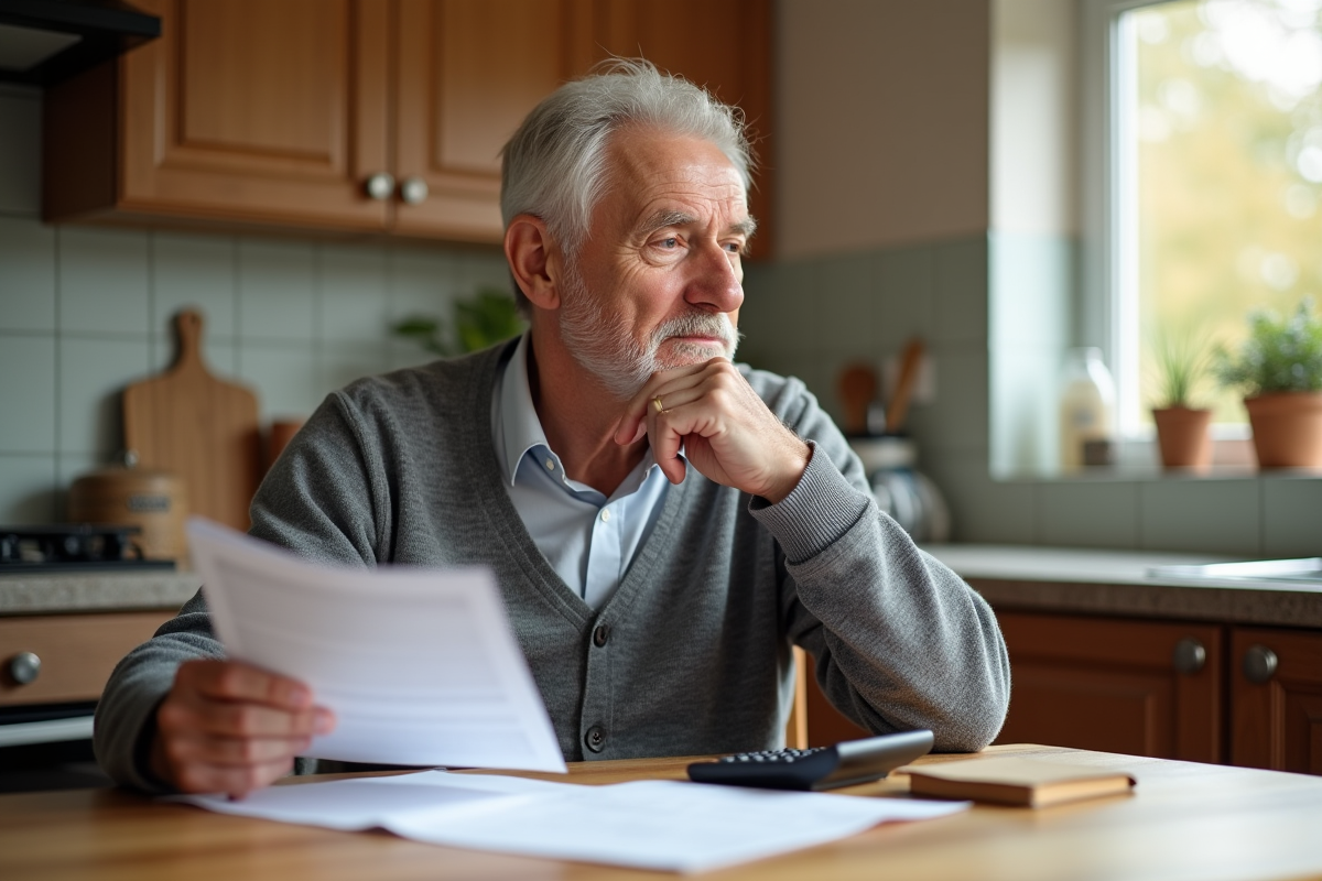 Homme retraité regardant ses documents de pension dans la cuisine