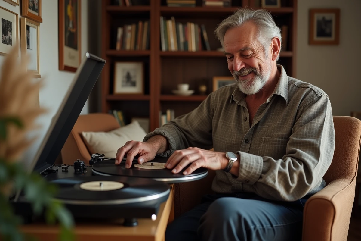Homme à la retraite écoutant de la musique sur une platine vinyle dans un salon chaleureux après son départ en retraite