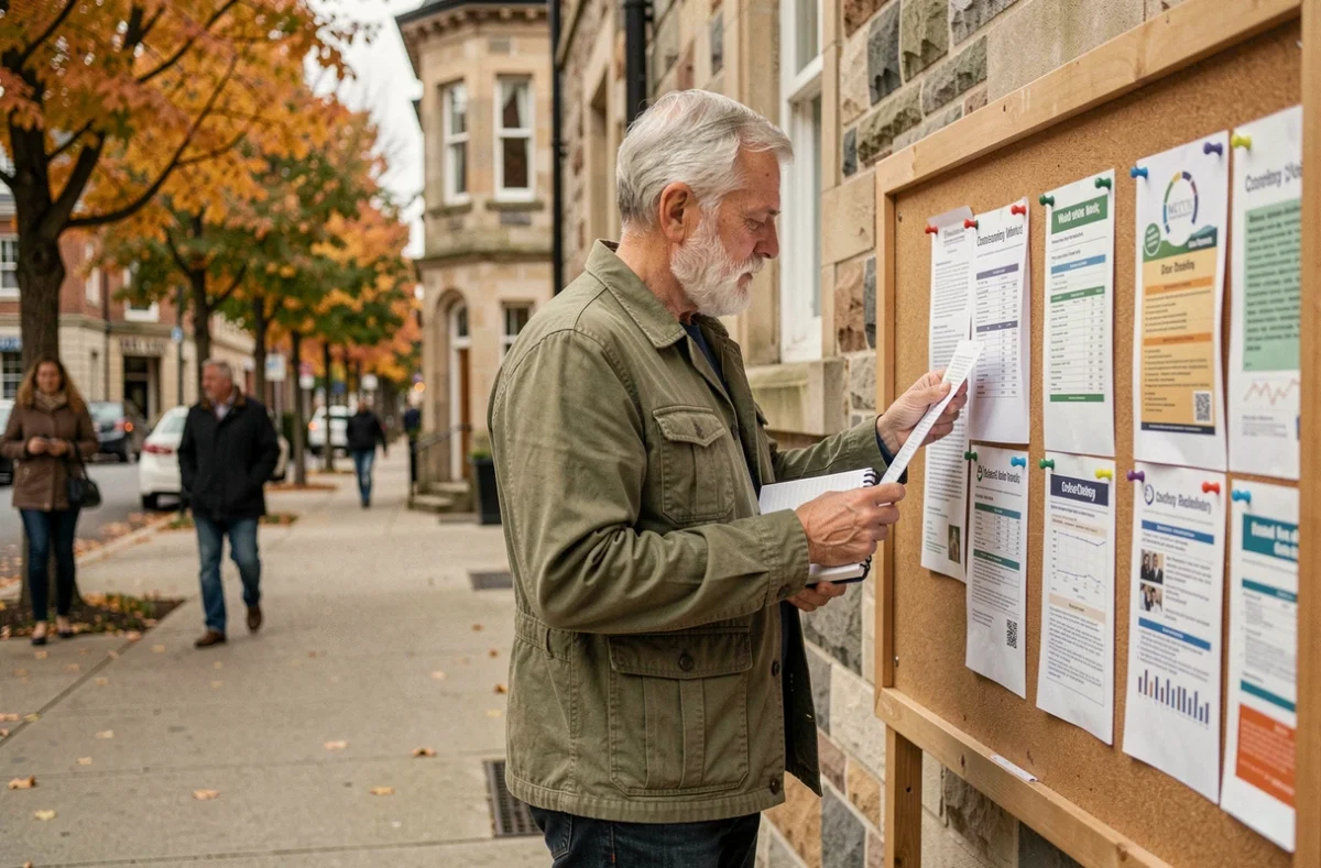 Retraité consultant des offres d'emploi affichées sur un panneau communautaire en ville