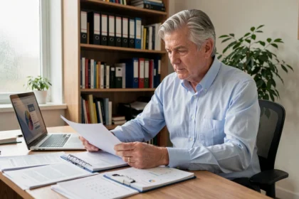 Homme senior en retraite progressive consultant ses documents de congés payés dans un bureau à domicile