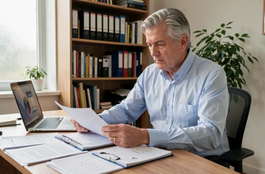 Homme senior en retraite progressive consultant ses documents de congés payés dans un bureau à domicile