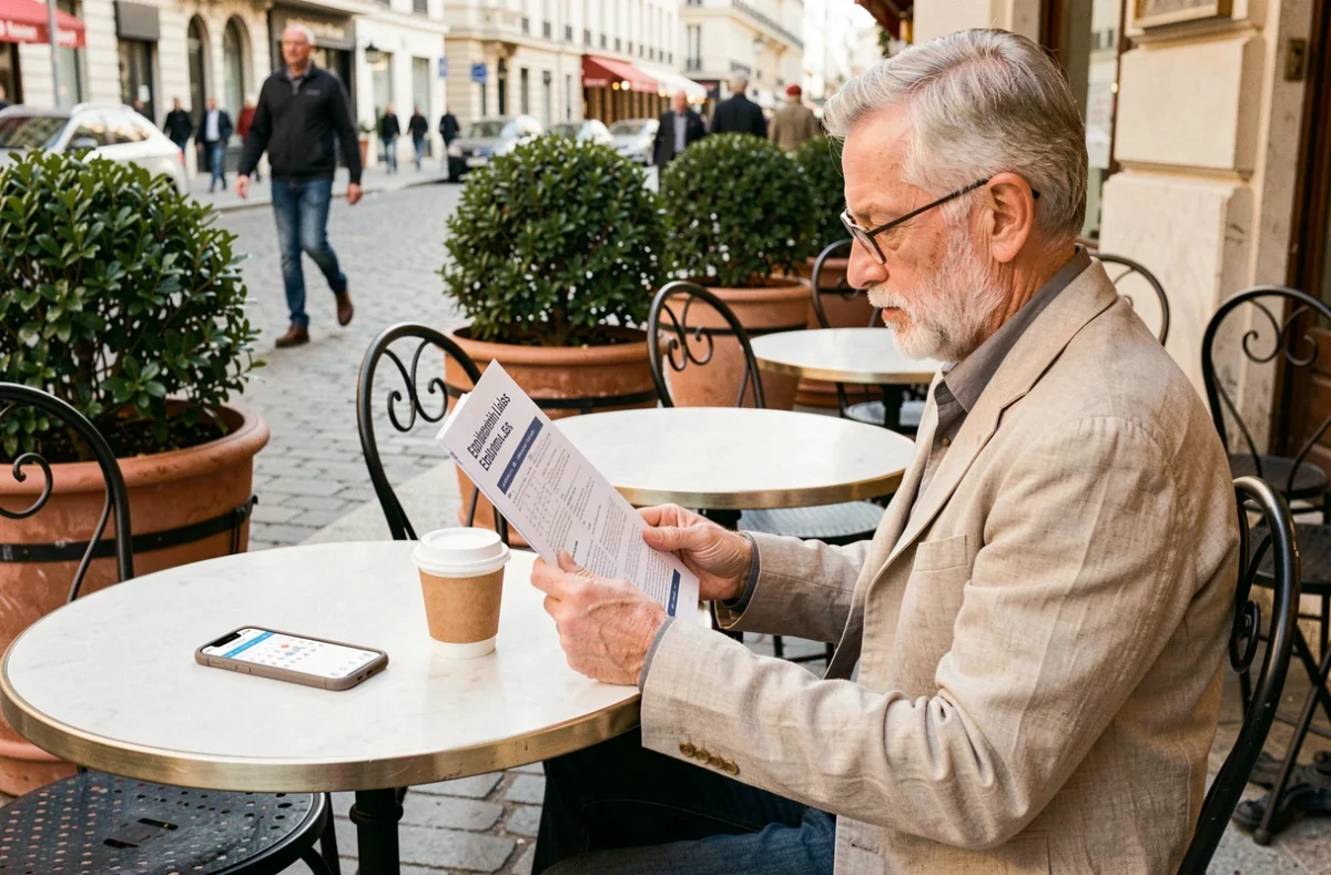 Homme retraité progressif lisant une brochure sur les congés payés non pris en terrasse de café parisien