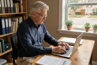 Homme retraité cherchant un emploi à temps partiel 3 jours par semaine depuis son bureau à domicile