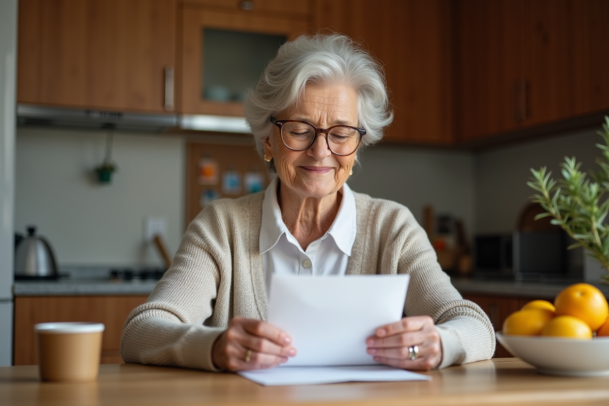 Femme retraitée souriante ouvrant une lettre dans sa cuisine chaleureuse