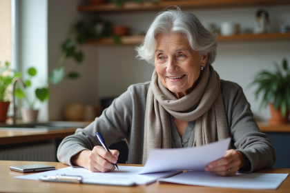 Femme retraitée souriante lisant ses documents de pension