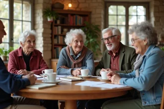 Groupe de retraités français discutant autour d'un café