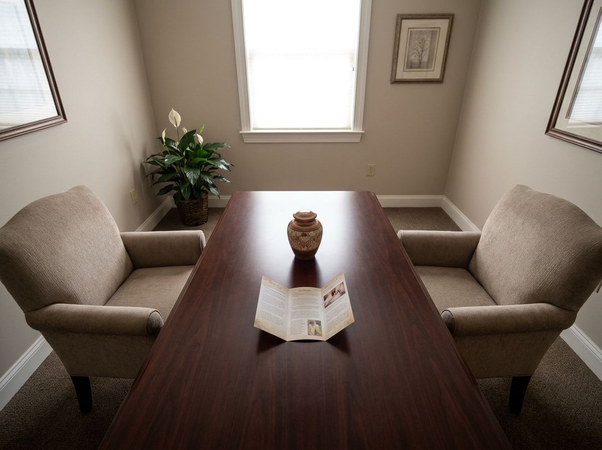Salle de consultation funéraire avec une urne cinéraire élégante sur une table en bois, illustrant le choix de la crémation lors de la préparation des obsèques