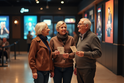 Trois seniors souriants à l'entrée d'un cinéma moderne