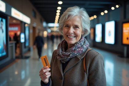 Femme senior souriante avec ticket de cinema dans l'entrée