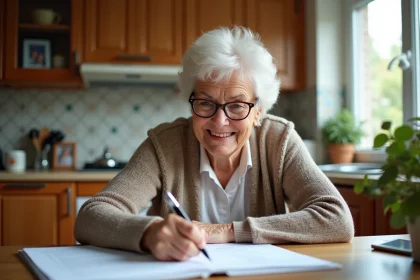 Femme senior souriante lisant des papiers dans la cuisine