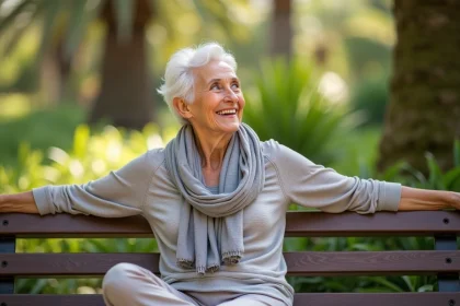 Femme senior en détente dans un parc de Nice