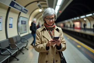Femme senior vérifiant son ticket RATP sur smartphone dans le métro parisien