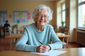 Femme âgée souriante remplissant un formulaire dans un centre communautaire