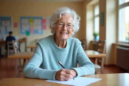 Femme âgée souriante remplissant un formulaire dans un centre communautaire
