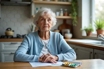 Femme senior réfléchissant à la santé avec compléments