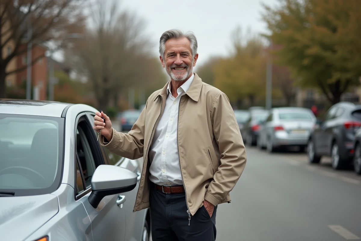 Un homme de 75 ans debout près de sa voiture après avoir renouvelé son permis de conduire