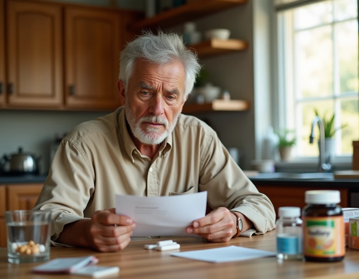 Homme âgé lisant la notice d'un complément alimentaire senior avec ses médicaments sur la table de cuisine