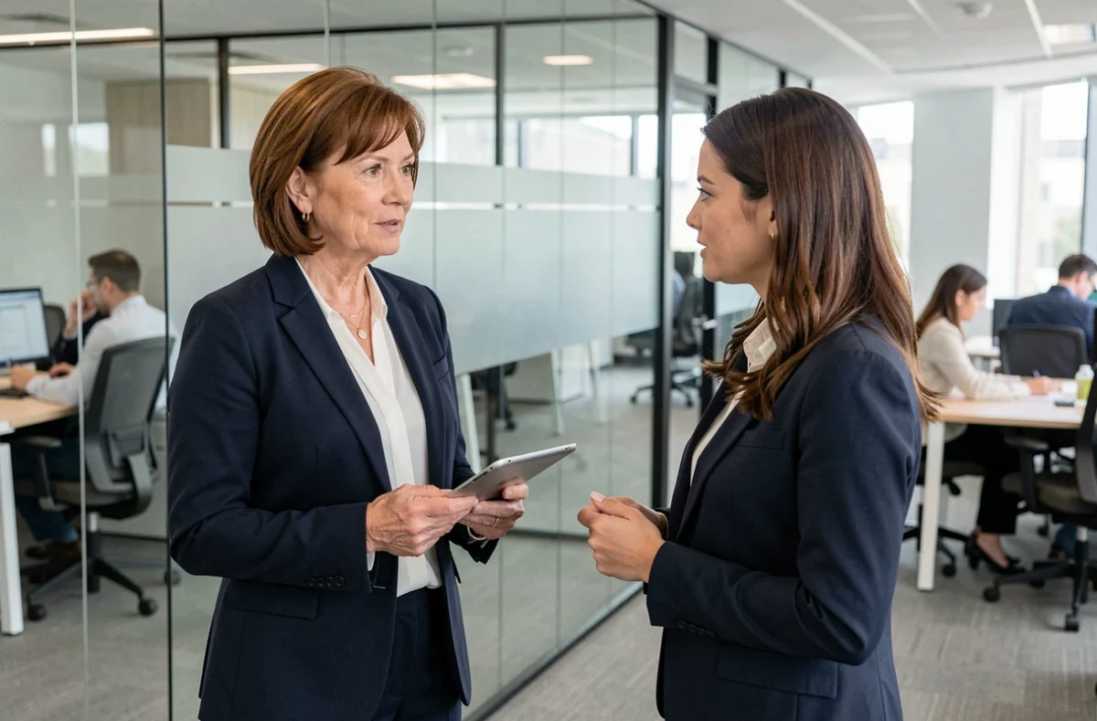 Femme senior discutant de sa retraite progressive et de ses droits aux congés payés avec une responsable RH en entreprise