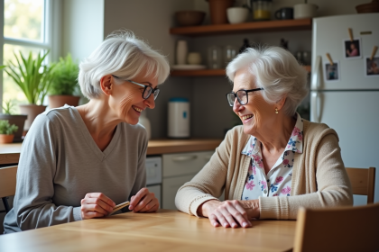 Femme âgée discutant avec une aidante dans la cuisine chaleureuse