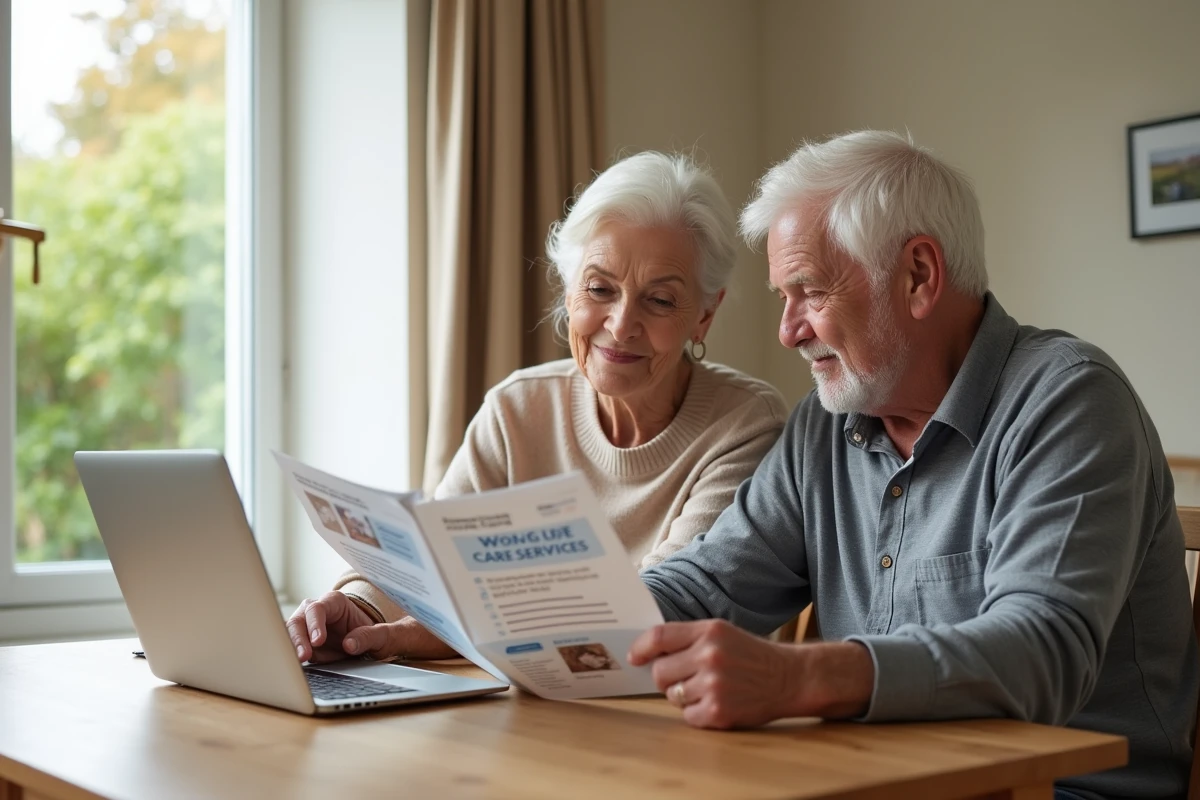 Couple de seniors comparant les tarifs et prestations d'un service d'aide à domicile Age d'Or Services