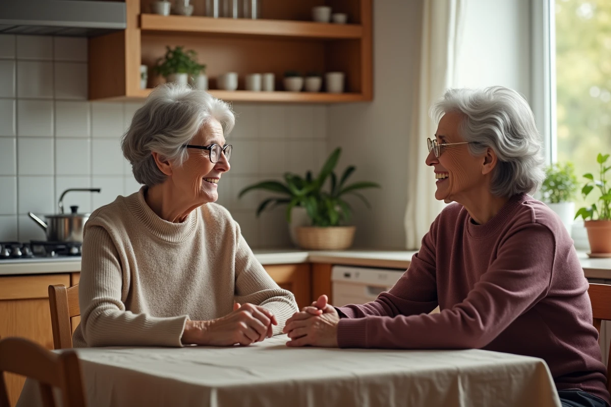 Seniors discutant dans une cuisine chaleureuse